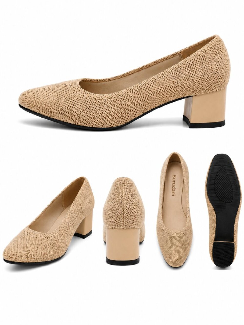 Burudani Women’s BeigeKnit Round Toe Block Heel Shoes, Size, 7.5-11